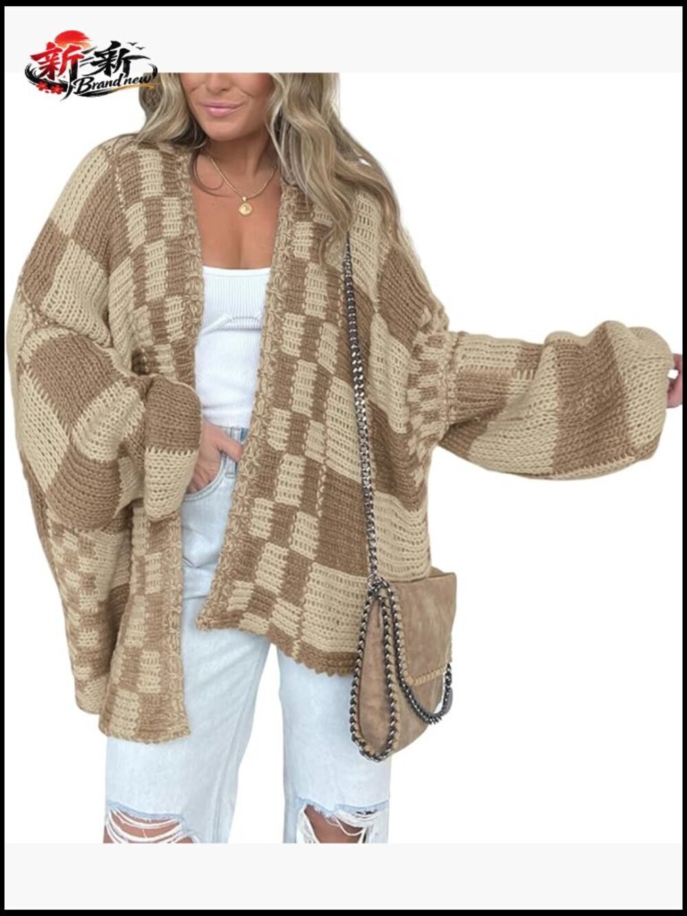Chunky Knit Open Front Cardigan Sweater - Long Sleeve V-Neck Checkered Outwear